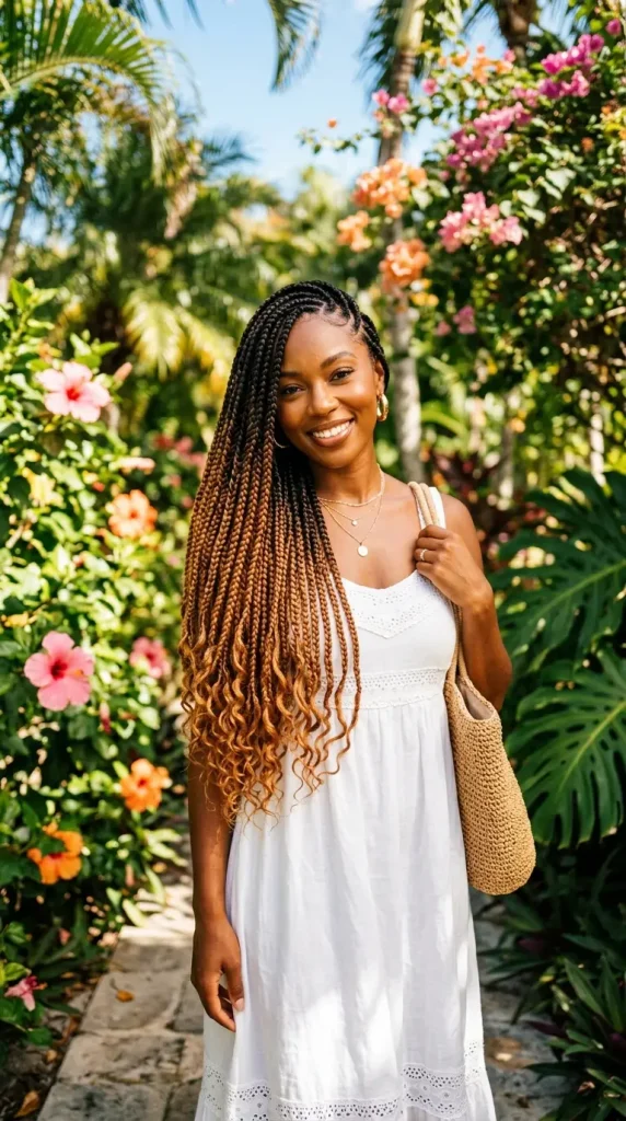 lemonade braids summer hairstyle Black woman side-swept ombre dark honey white dress tropical garden golden light