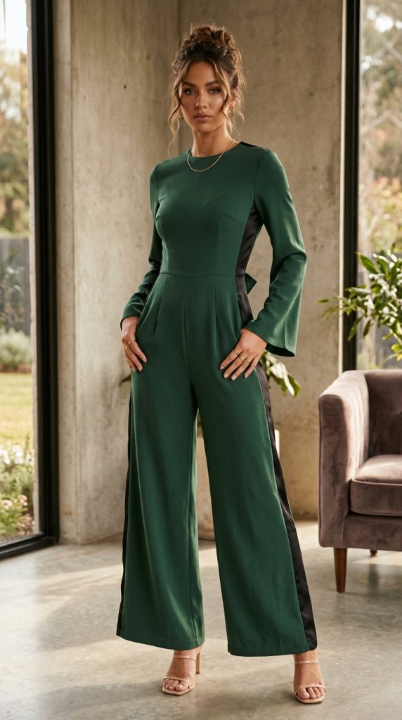 backless forest green jumpsuit tie detail women backless self-tie lower back wide-leg barely-there heels updo warm light sensually elegant editorial