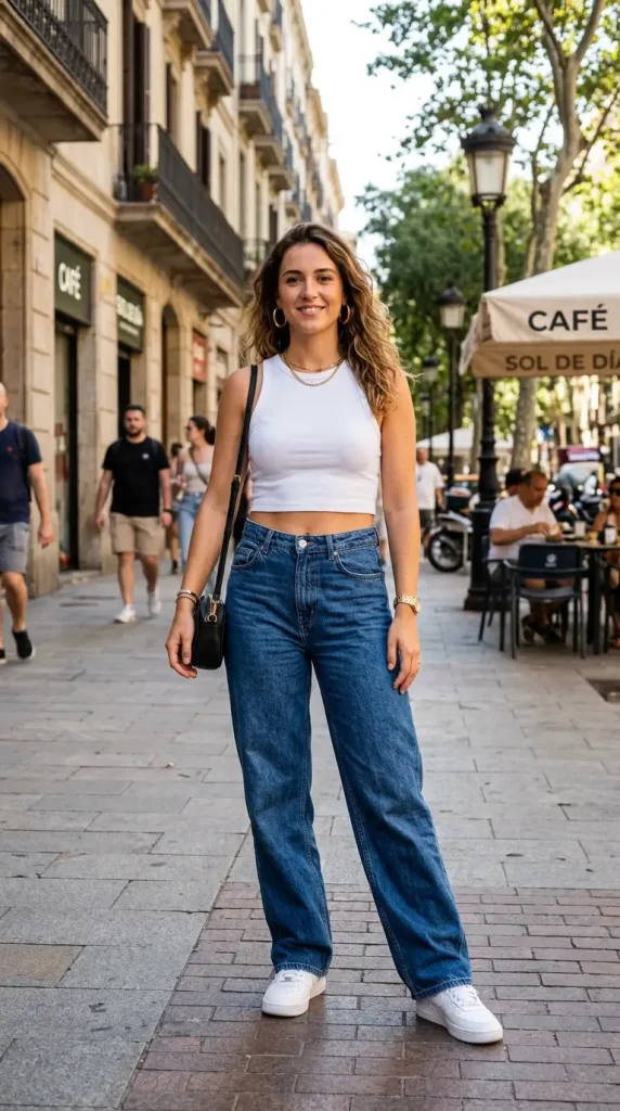 Extra Baggy and Oversized Jeans Styles white crop top outfit women classic indigo wide leg white sneakers gold hoops urban street