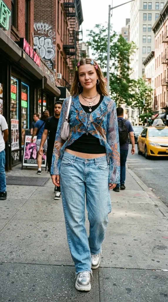 low rise baggy jeans outfit women ultra low rise light wash crop top platform sneakers mini bag Y2K street style