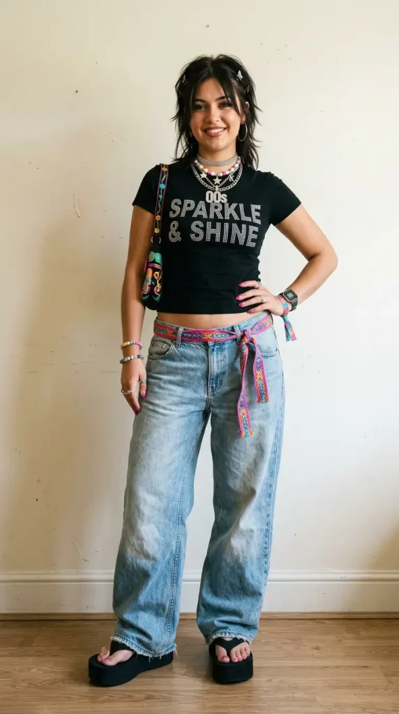 Y2K baggy jeans outfit women ultra baggy light wash rhinestone tee platform flip flops butterfly clips mini bag colourful