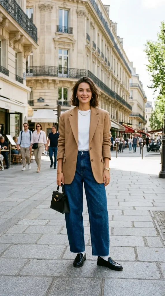 oversized jeans blazer outfit women straight leg camel oversized blazer white tee loafers city street sophisticated