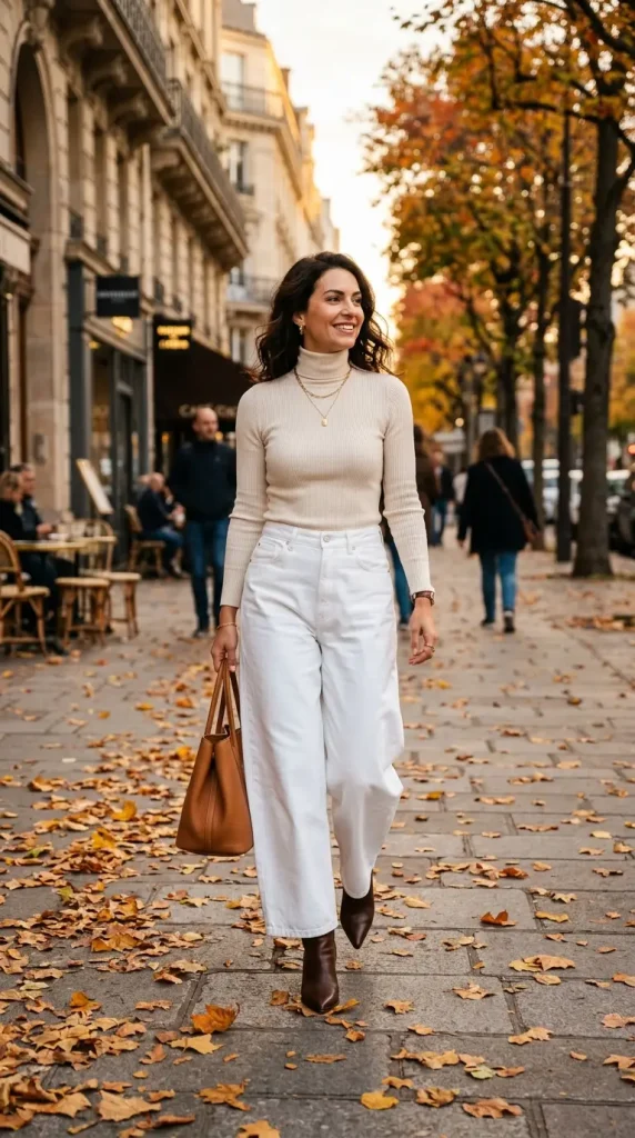 baggy jeans turtleneck outfit women extra wide leg dark wash cream ribbed turtleneck heeled boots autumn city golden
