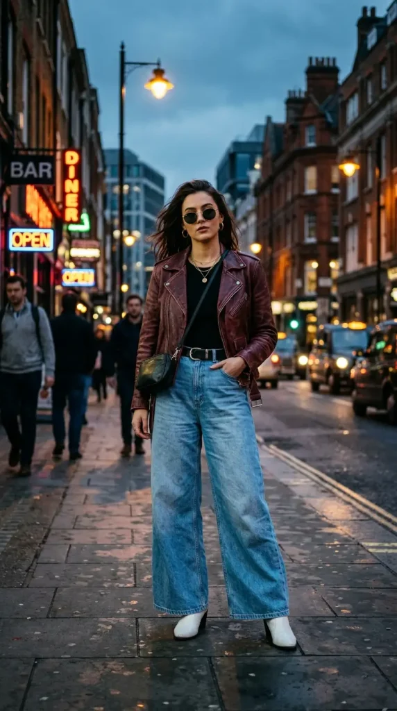 baggy jeans leather jacket women barrel leg light wash black vintage jacket white boots urban dusk edgy cool