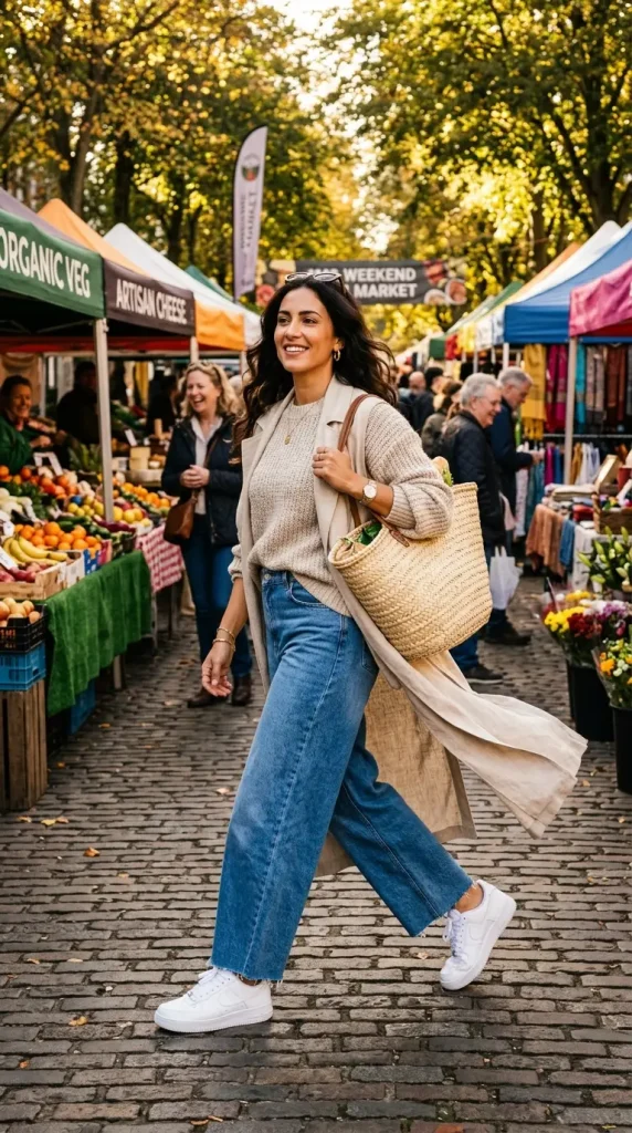 baggy jeans knitwear outfit women wide leg medium wash oatmeal chunky knit white sneakers weekend market autumn