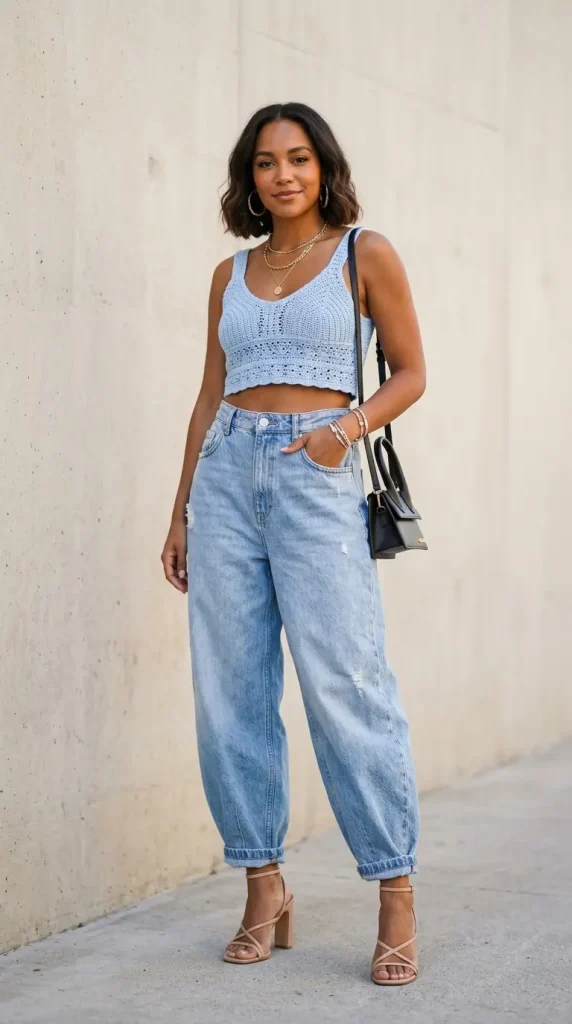 baggy jeans crochet top outfit women high waisted light wash white crochet flat sandals shell necklace summer market