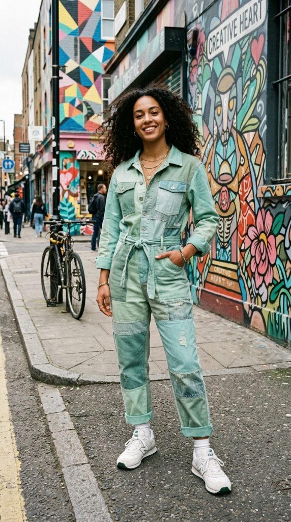 patchwork denim mint green jumpsuit women different shades pieced together white retro sneakers loose hair urban street art creative artisanal