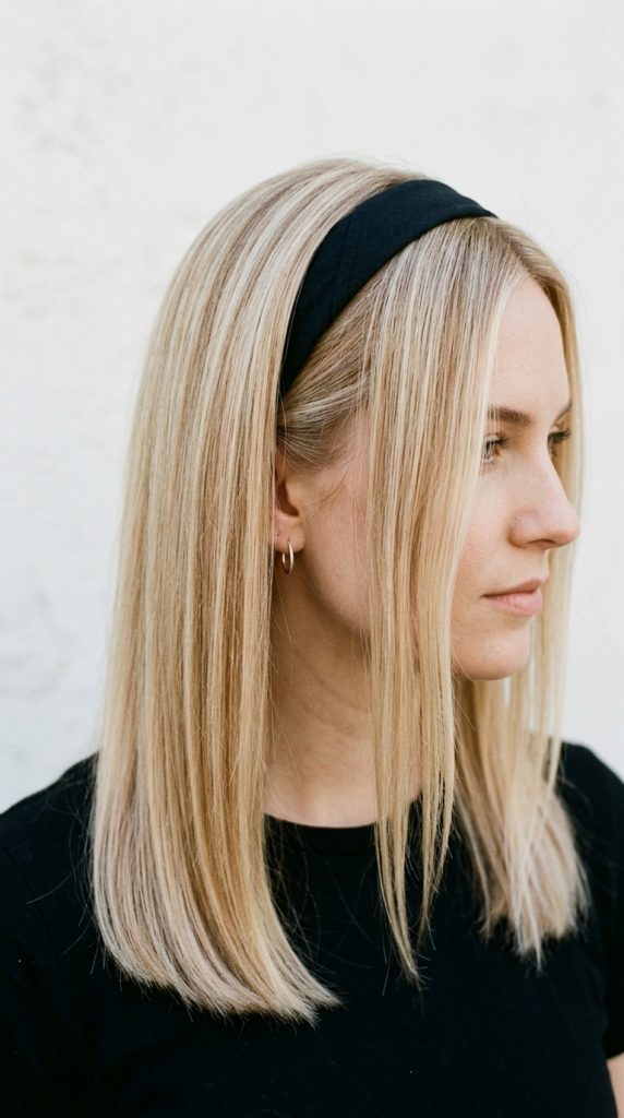 thin bandana strip headband sleek straight hair hairstyle women solid red thin strip precise placement minimal jewellery modern clean light architectural editorial
