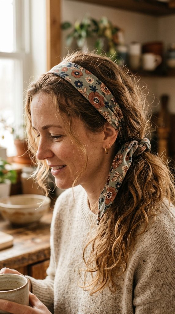 wide bandana wrapped low ponytail holder hairstyle women patterned bandana wrapped multiple times ponytail base flat knot nape behind view warm natural light
