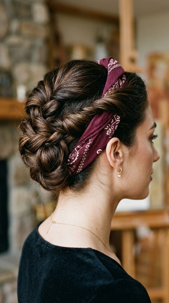 bandana threaded sculptural twisted updo hairstyle women thin gold bandana woven through twisted updo sections formal jewellery sophisticated indoor light special occasion editorial
