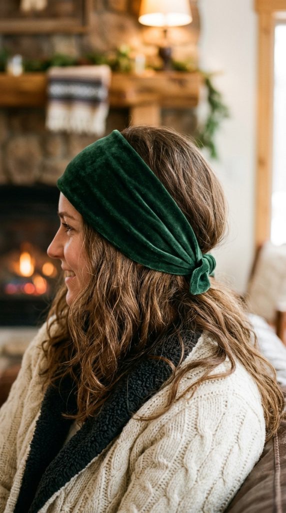 wide velvet bandana ear cover headband down hair hairstyle women forest green velvet full ear coverage hair down winter outfit warm indoor light rich texture

