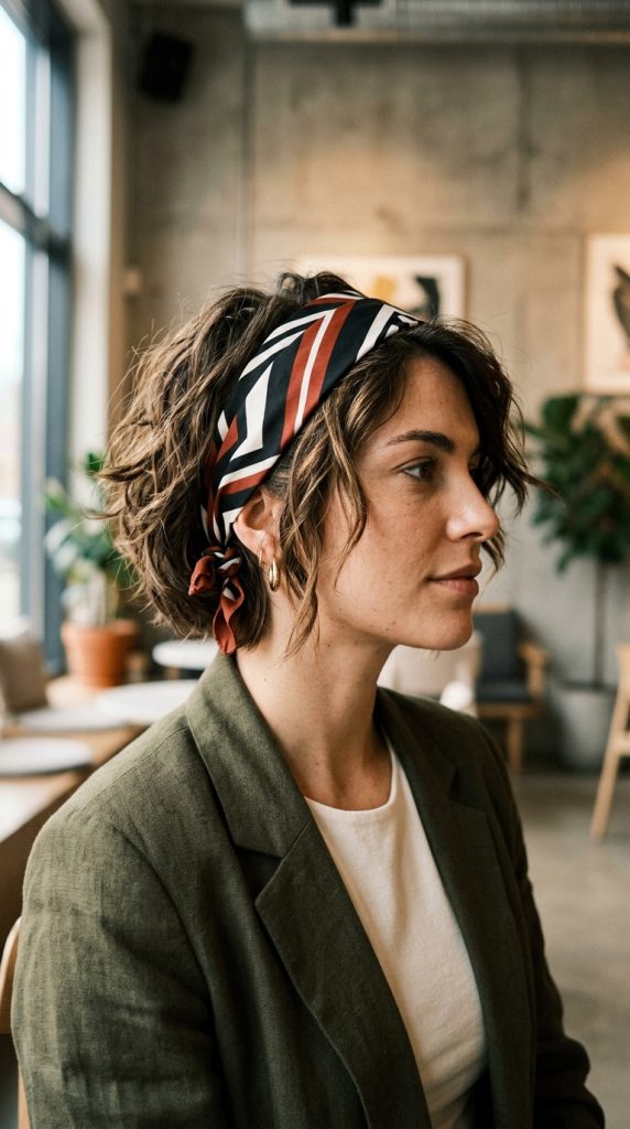 diagonal bandana wrap textured bob hairstyle women solid contrasting bandana diagonal placement tied behind ear angular graphic bob modern editorial light asymmetric