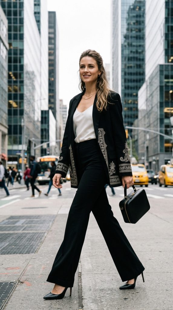black blazer silk black trouser business professional outfit women pointed heels gold chain leather bag city street professional editorial