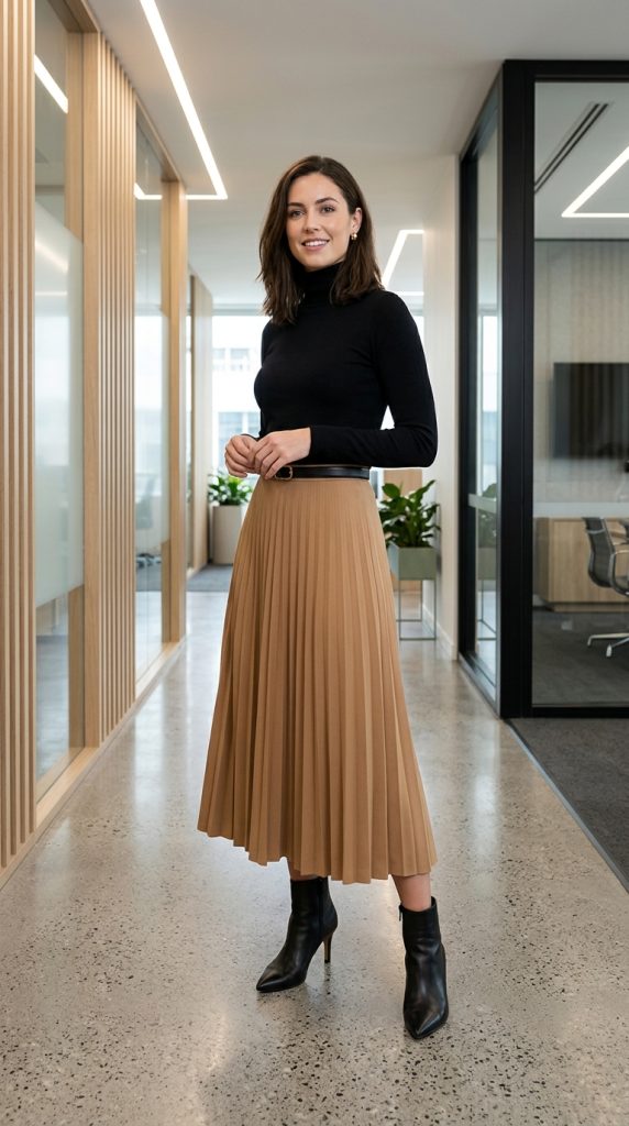 camel midi skirt black turtleneck office attire women pleated midi slim turtleneck ankle boots leather belt studs modern office corridor chic editorial
