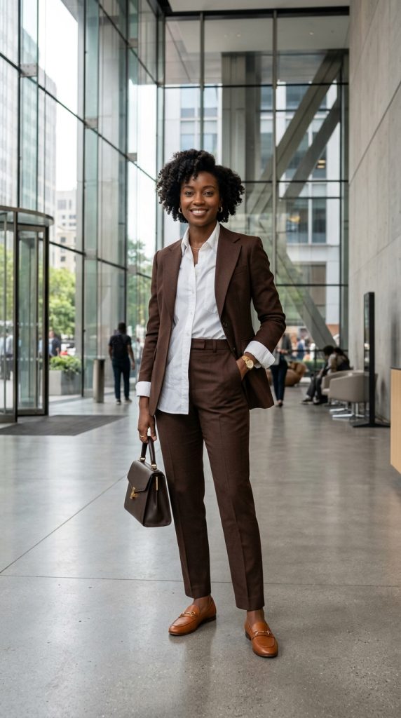 brown trouser suit business formal women chocolate tailored suit white button shirt tan loafers structured bag office entrance elegant editorial
