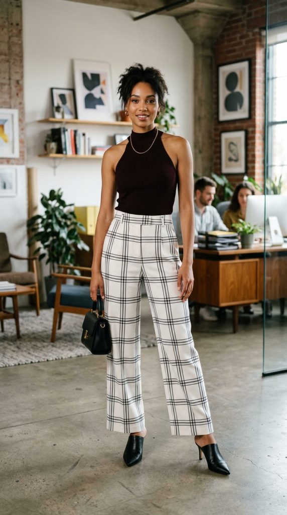 white wide leg trousers halter top business casual women black halter pointed mules gold chain structured bag creative workspace chic editorial
