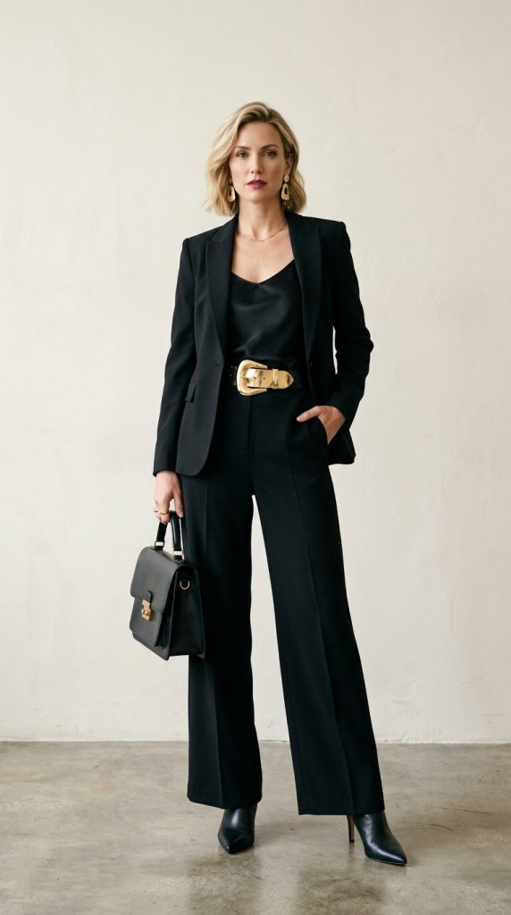 all black business outfit statement belt women black wide-leg blazer cami gold belt ankle boots gold earrings structured bag architectural power editorial
