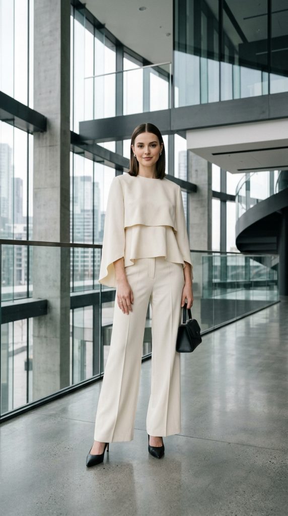 women's business professional attire crisp white layered top wide-leg pants pointed heels silver jewellery corporate space graphic editorial