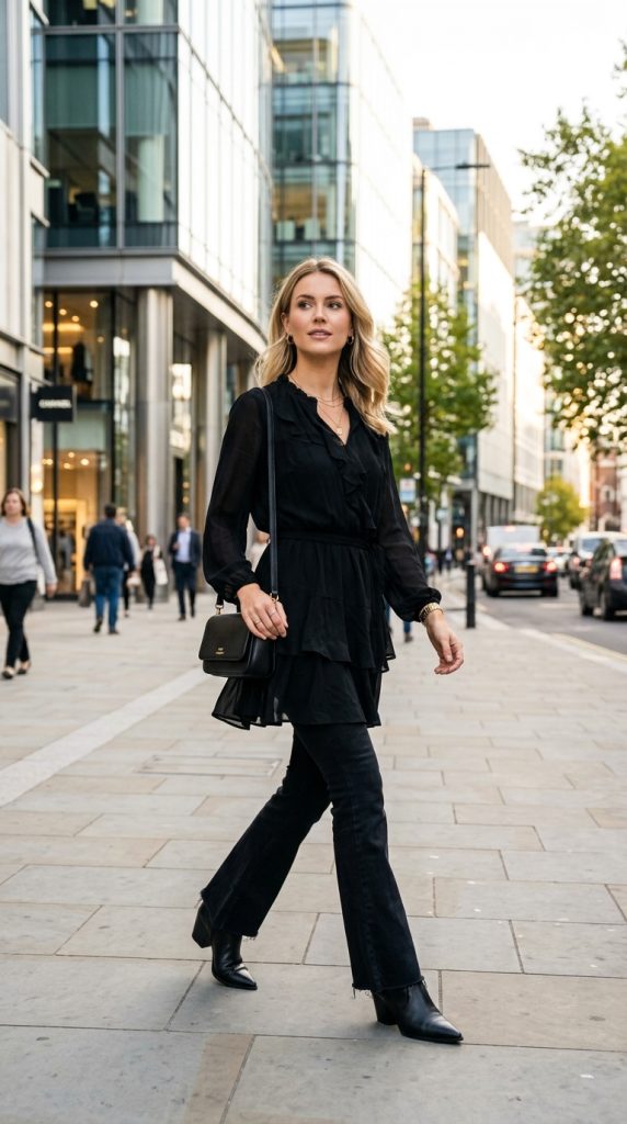 all black business outfit women over black pants turtleneck boots gold jewellery black bag city street morning light polished editorial