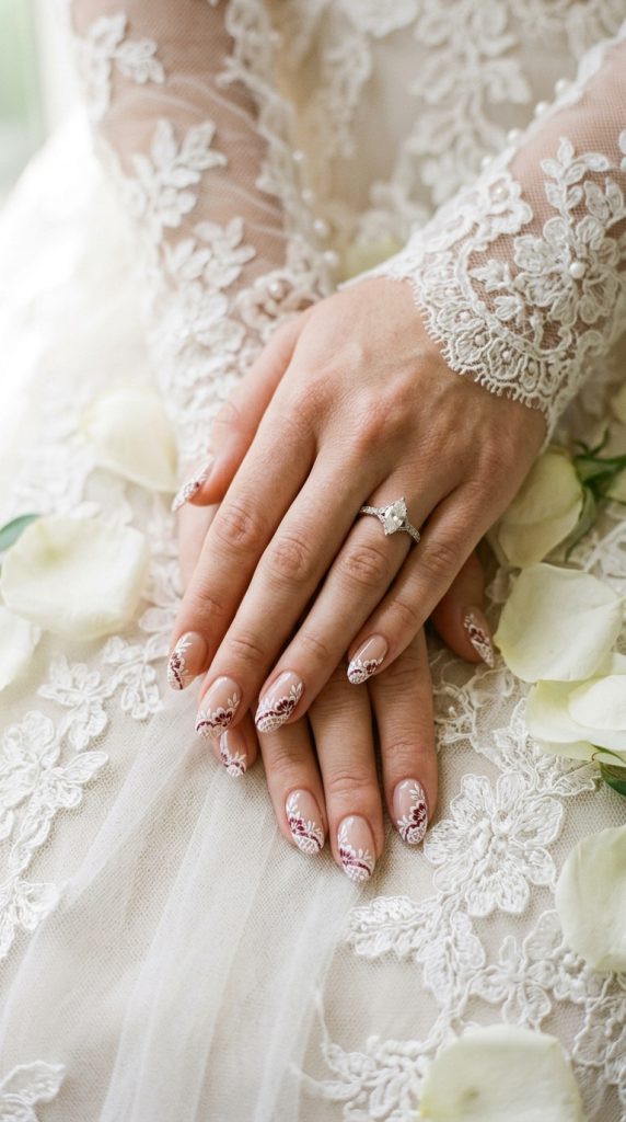 lace tip French oval nail designs white lace pattern sheer nude base ivory lace fabric white petals soft romantic natural light bridal feminine intricate