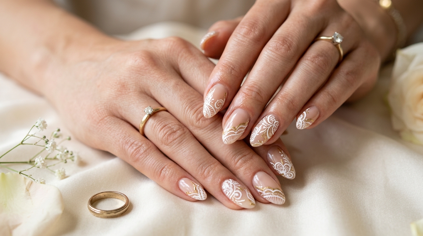 Delicate white lace nails over a sheer nude base, romantic bridal manicure