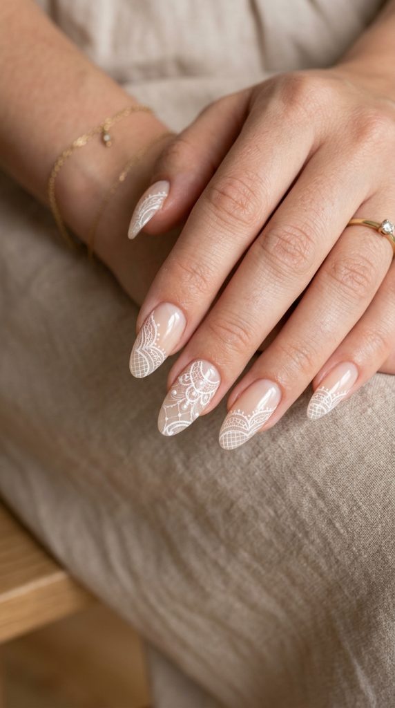 Sheer nude nails with a floating white lace pattern