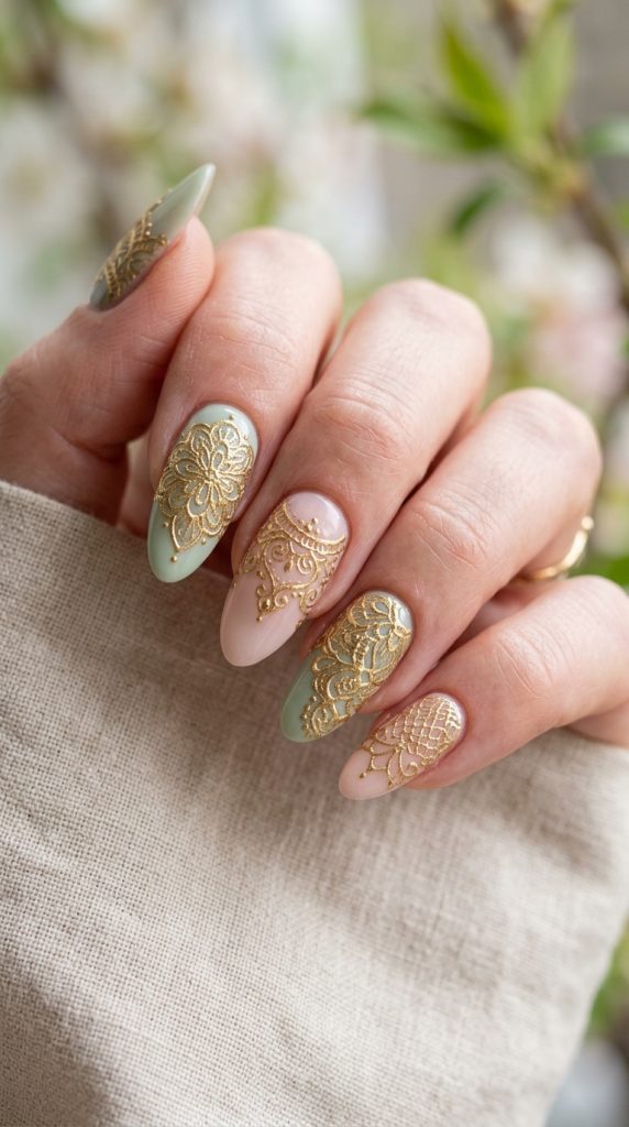 Golden lace nails over a pastel sage and blush base