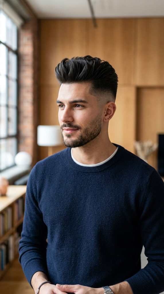 High taper fade with a textured quiff