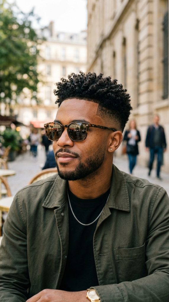 High taper fade with a natural curly top