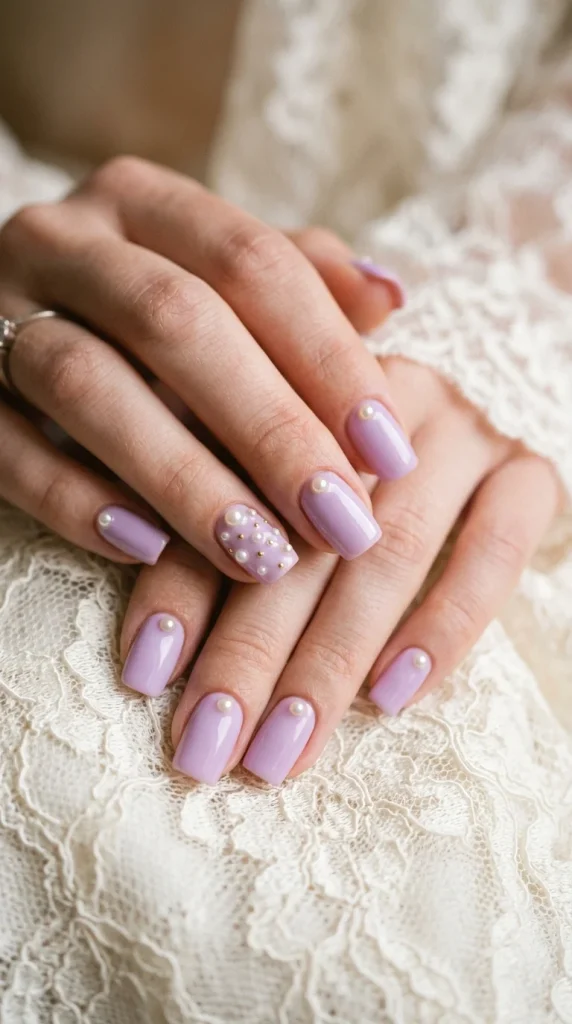 lilac pearl nails wedding guest soft square lilac base pearl embellishments accent finger ivory lace romantic feminine editorial