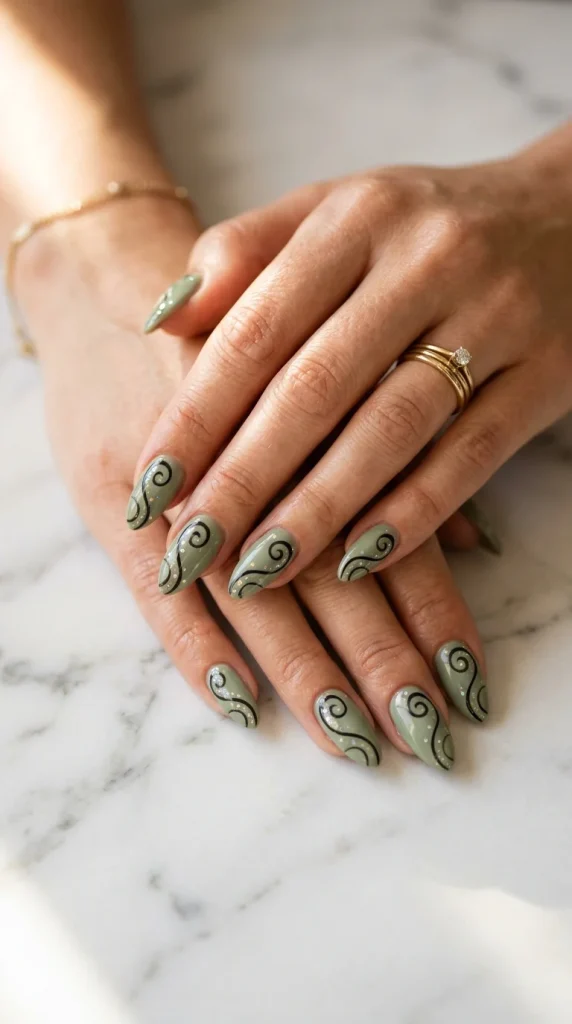 sage green gold chrome accent nails wedding guest almond sage green gold chrome mirror linen eucalyptus natural light editorial