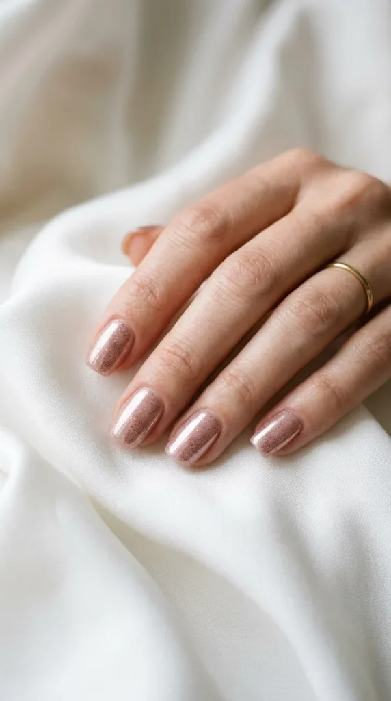 nude chrome nails wedding guest clean girl soft square barely-there nude chrome mirror white silk natural light pristine editorial