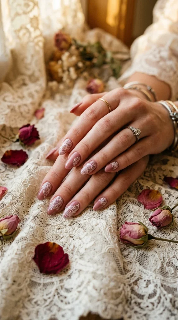 dusty rose lace stamping nails wedding guest almond dusty rose white lace stamp vintage lace dried roses antique light romantic editorial