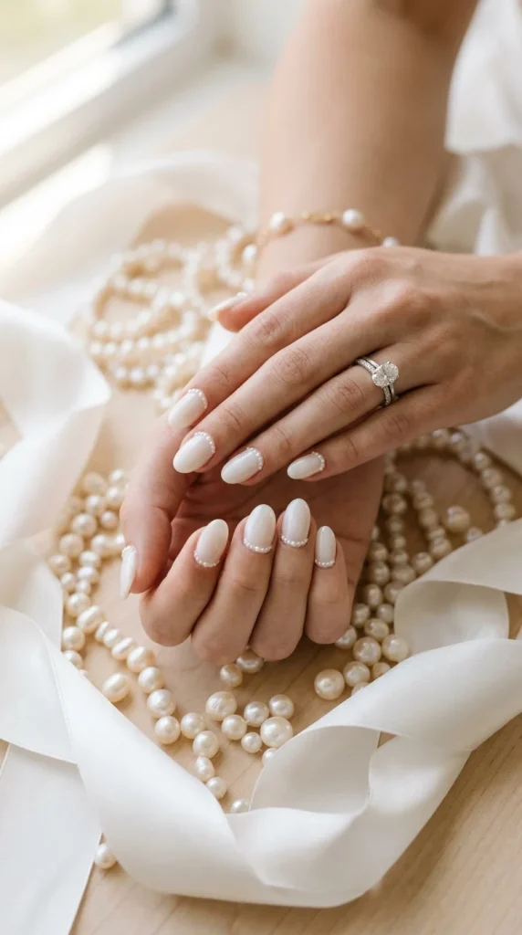 milky white pearl bead nails wedding guest soft oval milky white micro pearl chain white satin pearls natural light bridal editorial