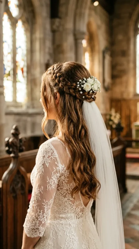 half up half down wedding hairstyle long hair bride Dutch braids white roses pearl pins flowing waves lace dress