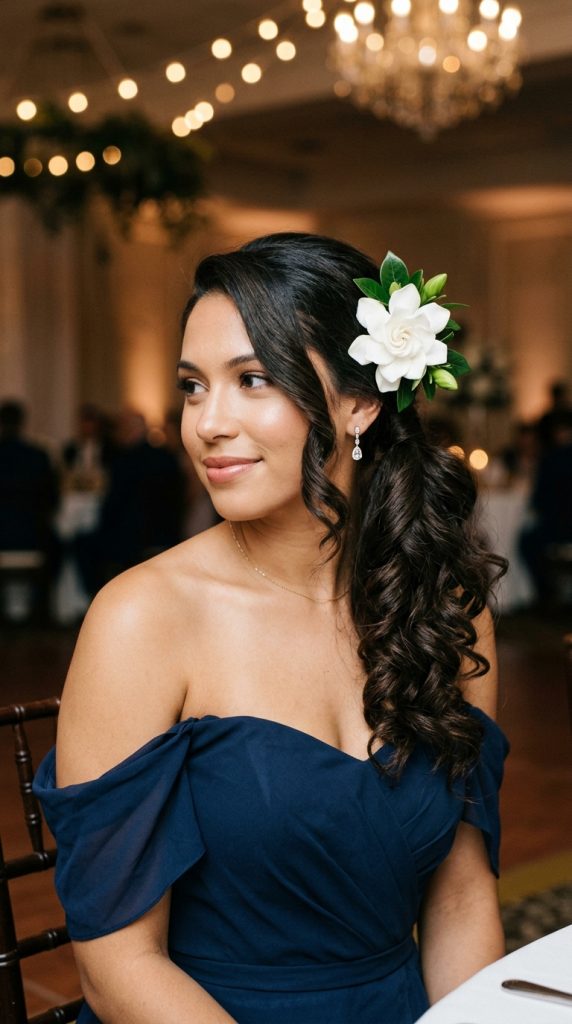 side swept ponytail curls bridesmaid hairstyle deep side part white gardenia cascading curls shoulder navy dress old Hollywood romantic editorial