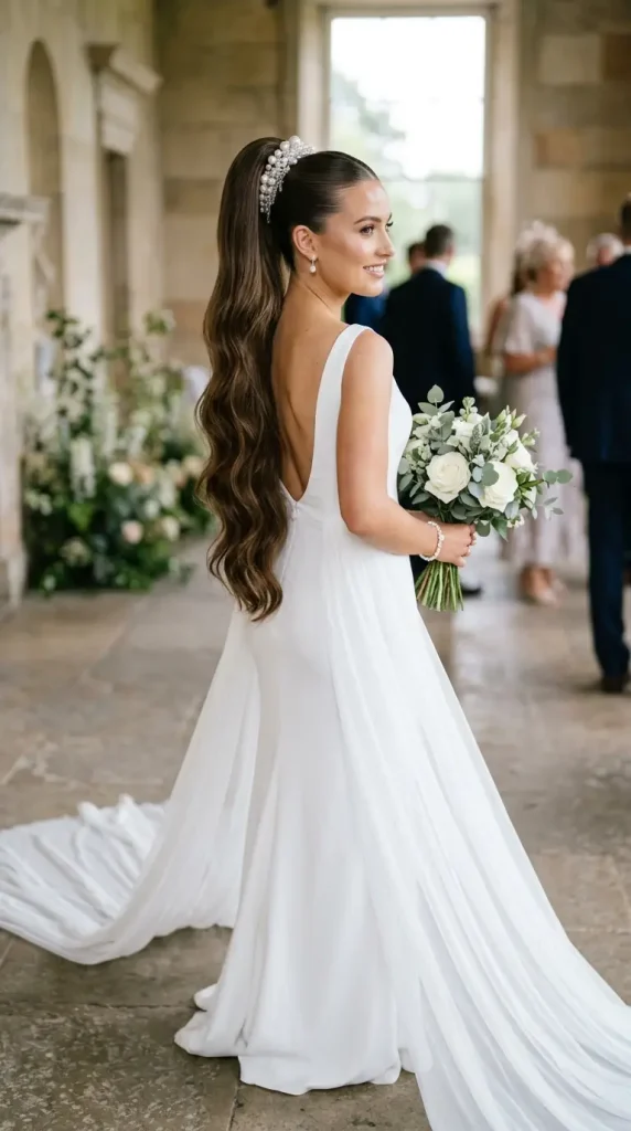 high ponytail wedding hairstyle long hair bride pearl embellishments wrapped base sleek gown dramatic train aisle