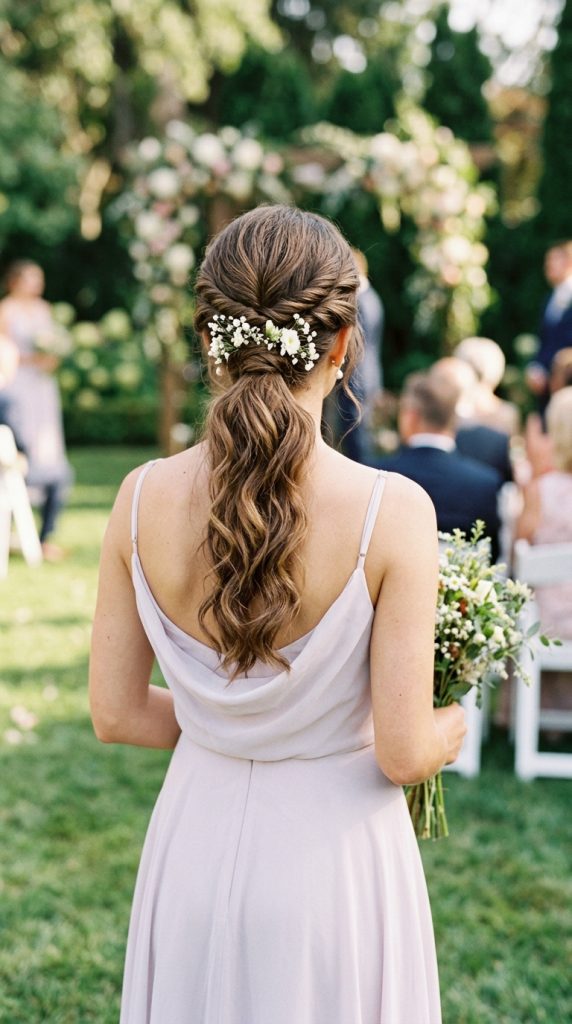 low ponytail twisted sections floral pins bridesmaid hairstyle twisted temple sections white floral pins soft waves lavender dress sunlit garden editorial