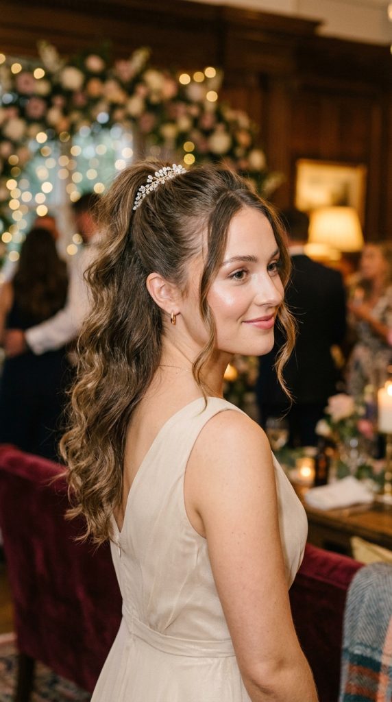 half up ponytail voluminous waves bridesmaid hairstyle half up high crown crystal hair tie voluminous waves below champagne dress reception light romantic editorial