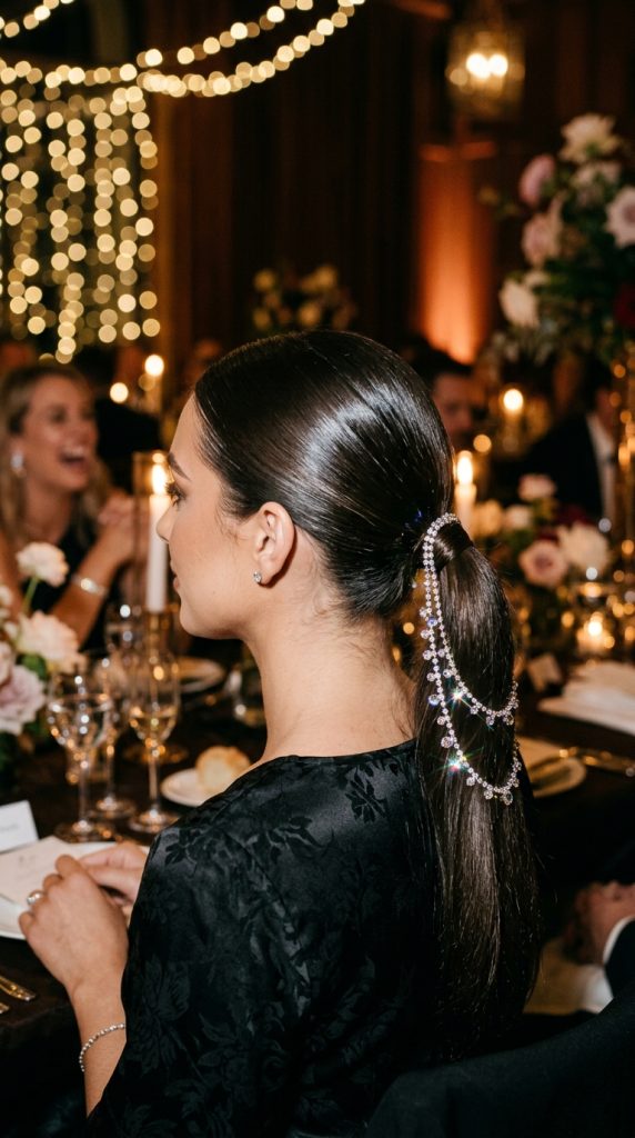 sleek ponytail crystal chain bridesmaid evening hairstyle rhinestone chain draped mid ponytail candlelit prismatic shimmer black dress reception light glamorous editorial