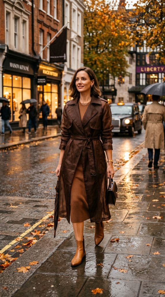 brown leather trench coat outfit women chocolate trench caramel ribbed knit dress tan Chelsea boots gold jewellery autumn city street editorial