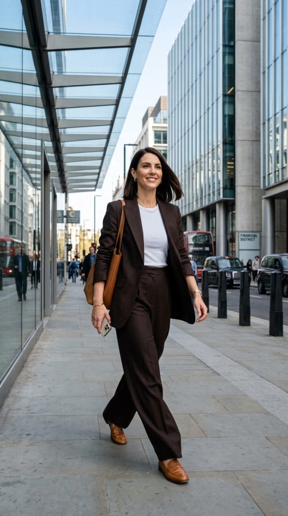 brown suit outfit women espresso tailored wide-leg suit white fitted tee tan loafers gold jewellery modern city architecture sharp minimal editorial