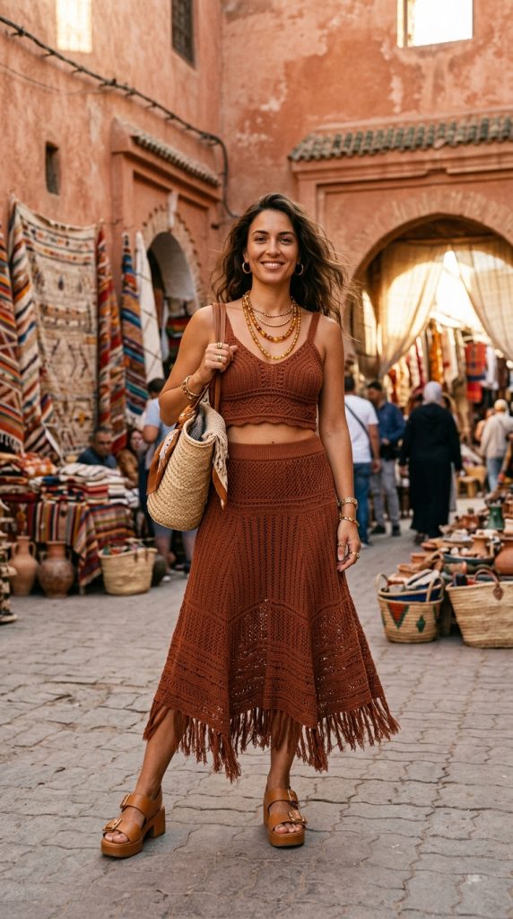 rust brown crochet outfit women boho crochet crop top wide skirt platform sandals gold amber jewellery loose waves terracotta setting afternoon light editorial
