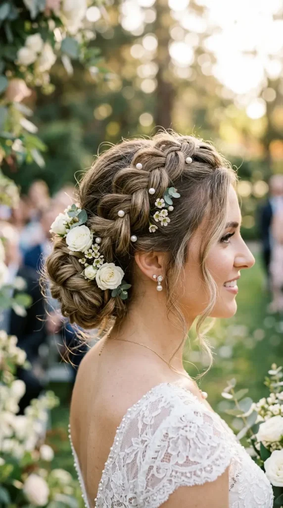 Dutch braid updo long hair wedding hairstyle bride white roses pearl pins three dimensional volume natural light