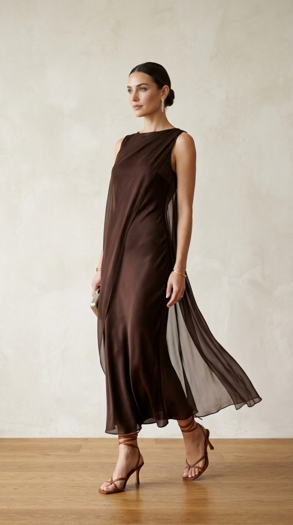chocolate brown satin slip dress outfit women deep chocolate bias-cut satin sheer overlay cognac heels diamond earrings candlelit evening elegant editorial