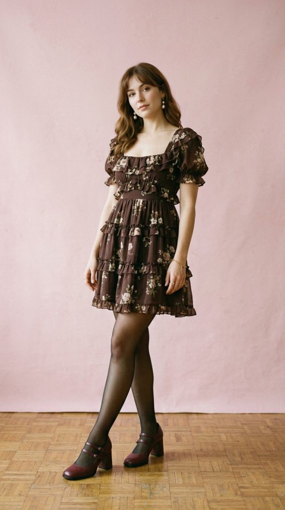 brown mini dress outfit women deep brown square neckline puff sleeves sheer tights burgundy Mary Janes pearl earrings amber light vintage modern editorial