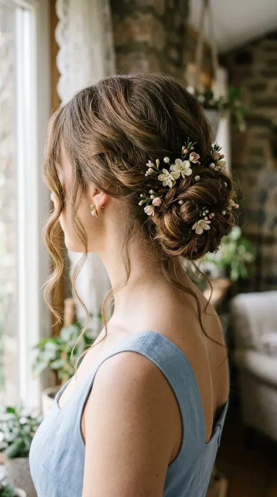 loose low bun long hair wedding hairstyle bride floral pins face-framing tendrils elegant white dress natural light