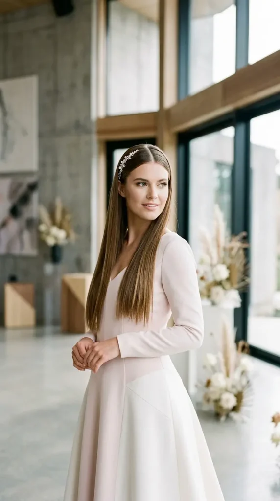 straight long hair wedding hairstyle modern bride crystal pin centre part minimalist gown architectural venue