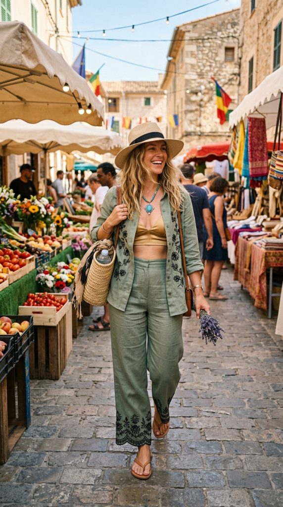 sage green linen co-ord boho outfit women wide-leg trouser shirt co-ord white bralette thong sandals straw hat turquoise pendant woven bag summer market
