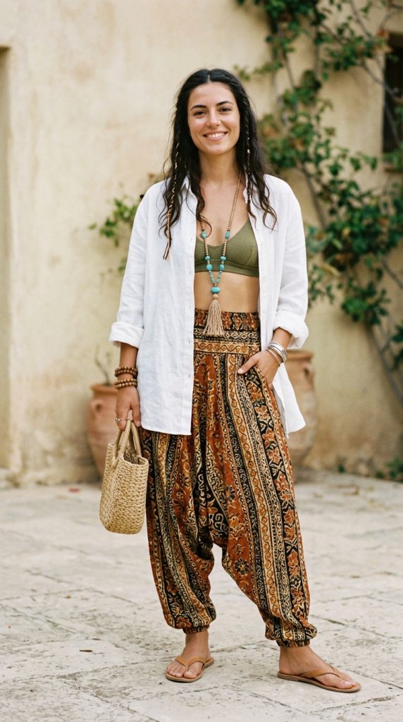 printed harem pants linen shirt boho outfit women ochre rust batik harem pants white linen shirt flat sandals wooden beads tassel necklace outdoor market daylight